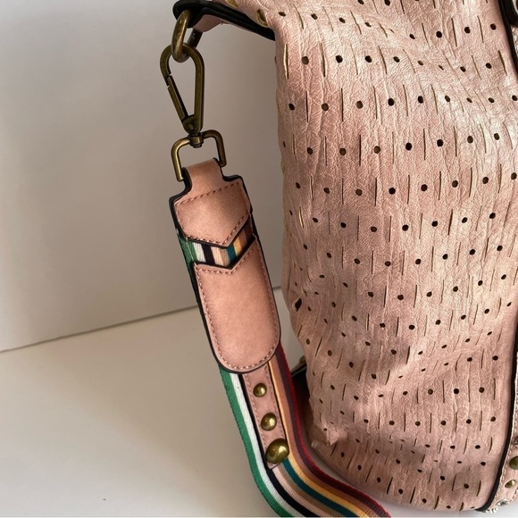 Paula Rossi Faux Leather Tote Large Pink Studded Crossbody Travel Boho Purse - Picture 5 of 11